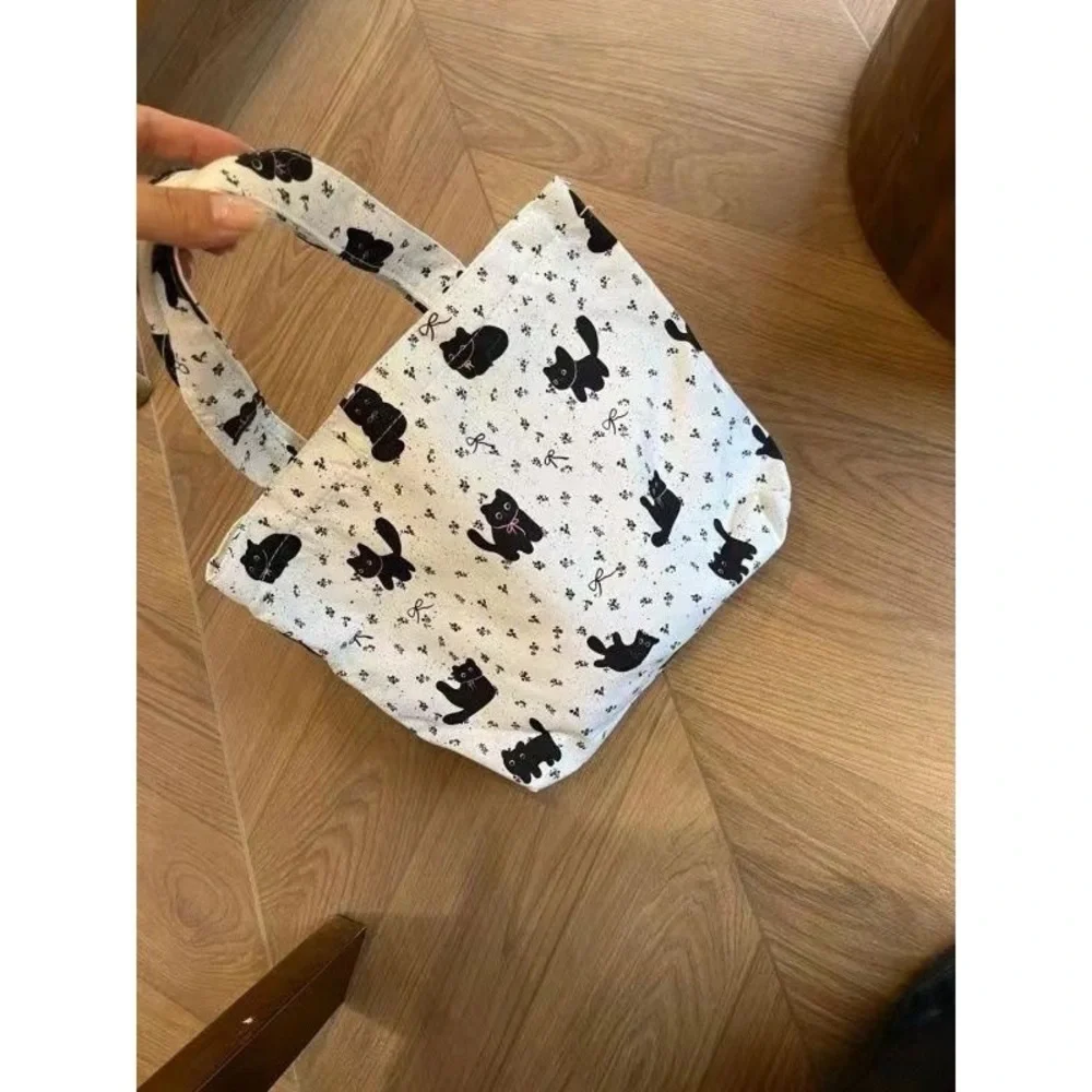 Small Black Cat Print White Tote Bag